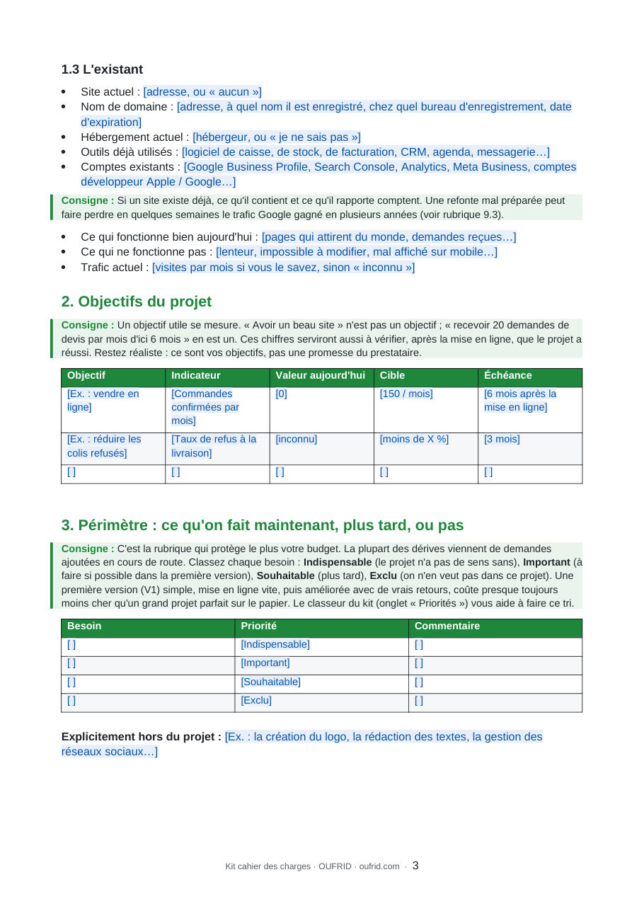 Un modèle, avec ses consignes