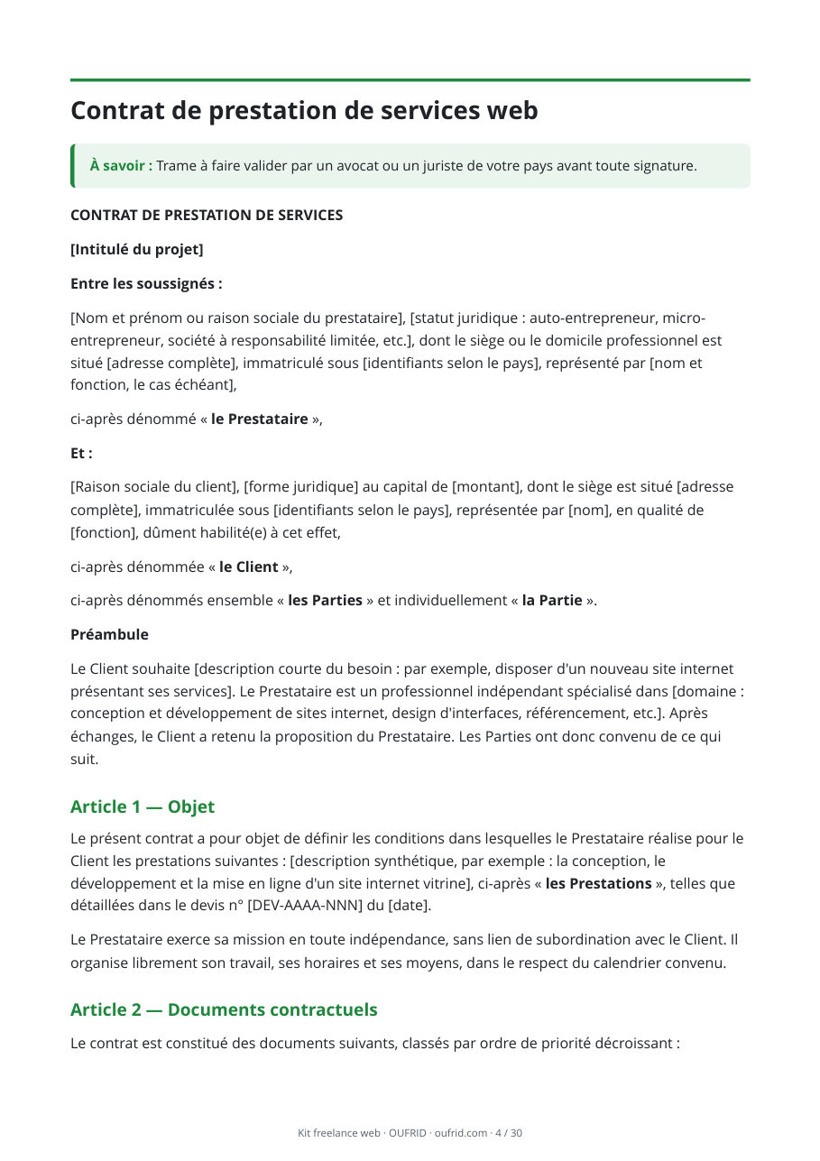 Le contrat de prestation