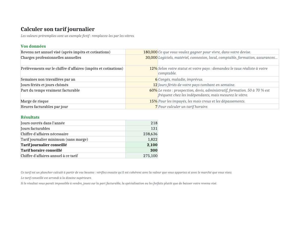Le classeur Excel : tarif journalier
