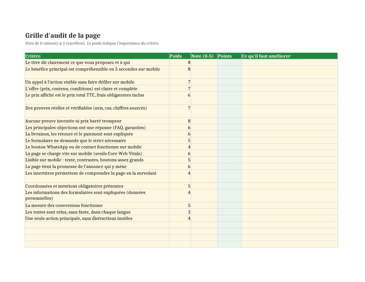 Le classeur Excel : grille d'audit