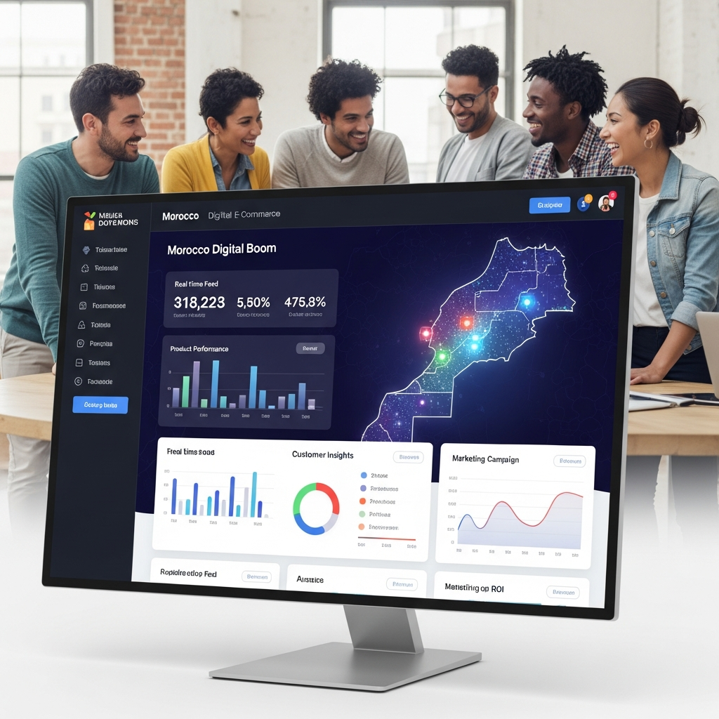 Site e-commerce professionnel avec des clients satisfaits de leur site commerce, ambiance joyeuse